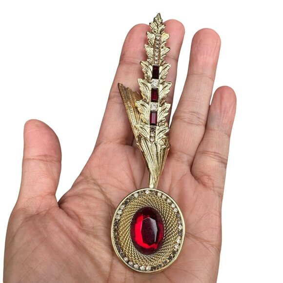 Whiting & Davis Jewelry - VTG Whiting Davis Feather Brooch Pin‎ 5" Red Glass Rhinestone Gold Plated Rare